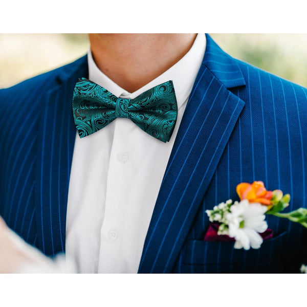 Hisdern Peacock Blue Paisley Pre-Tied Bow Tie for Wedding Party