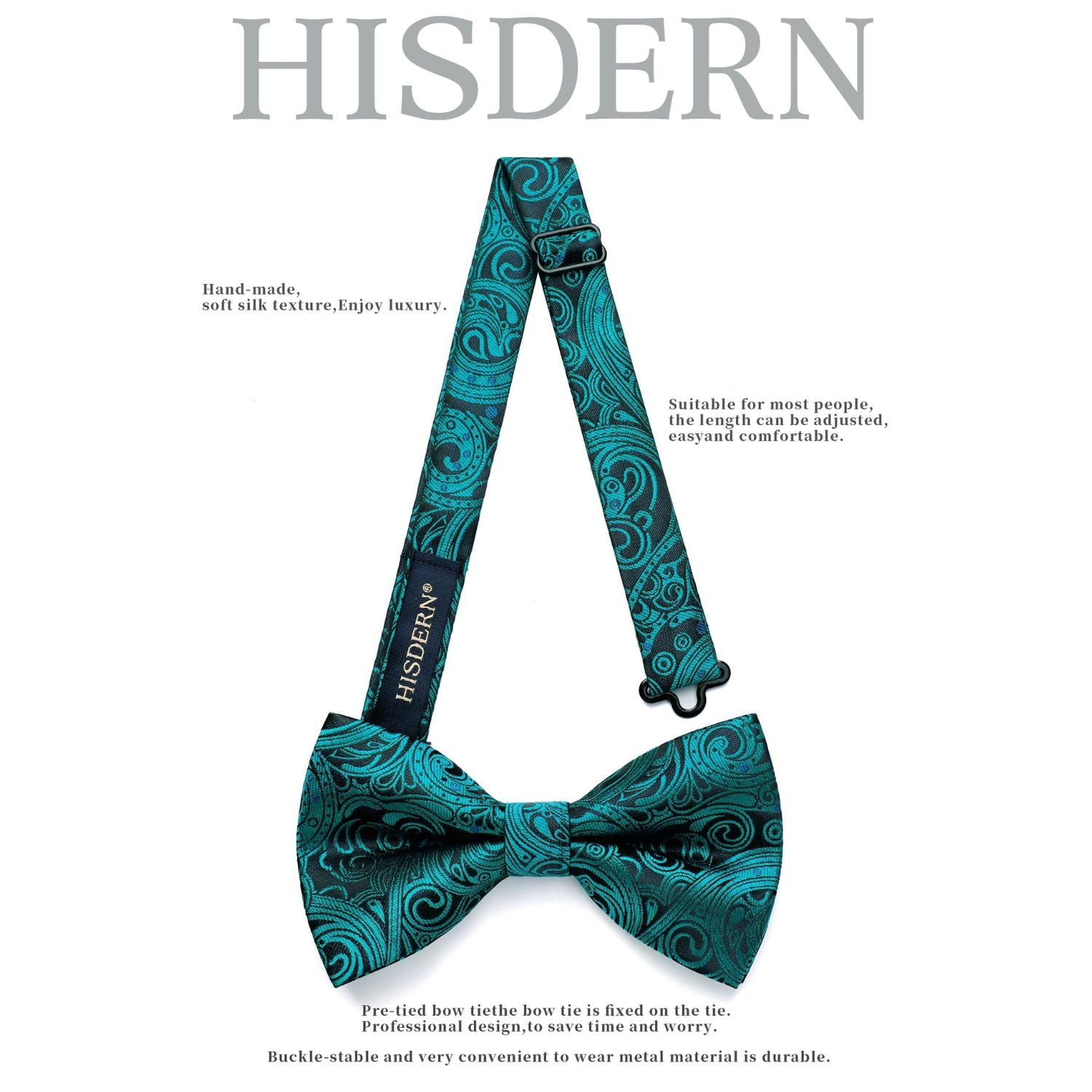 Hisdern Peacock Blue Paisley Pre-Tied Bow Tie for Wedding Party