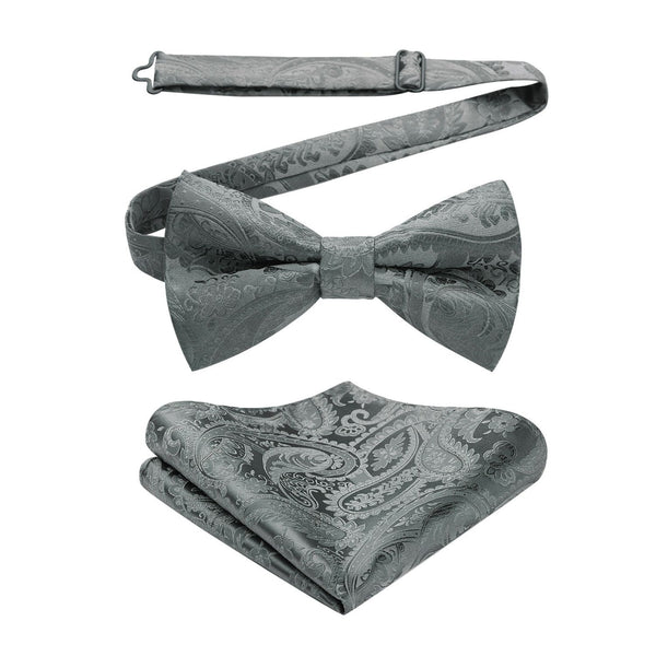 Paisley Pre-Tied Bow Tie & Pocket Square - H-GREY1