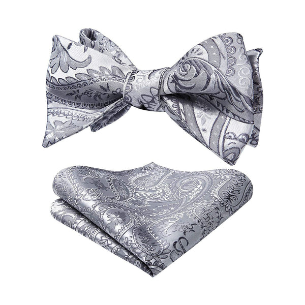 Paisley Floral Bow Tie & Pocket Square - 02-GREY / SILVER