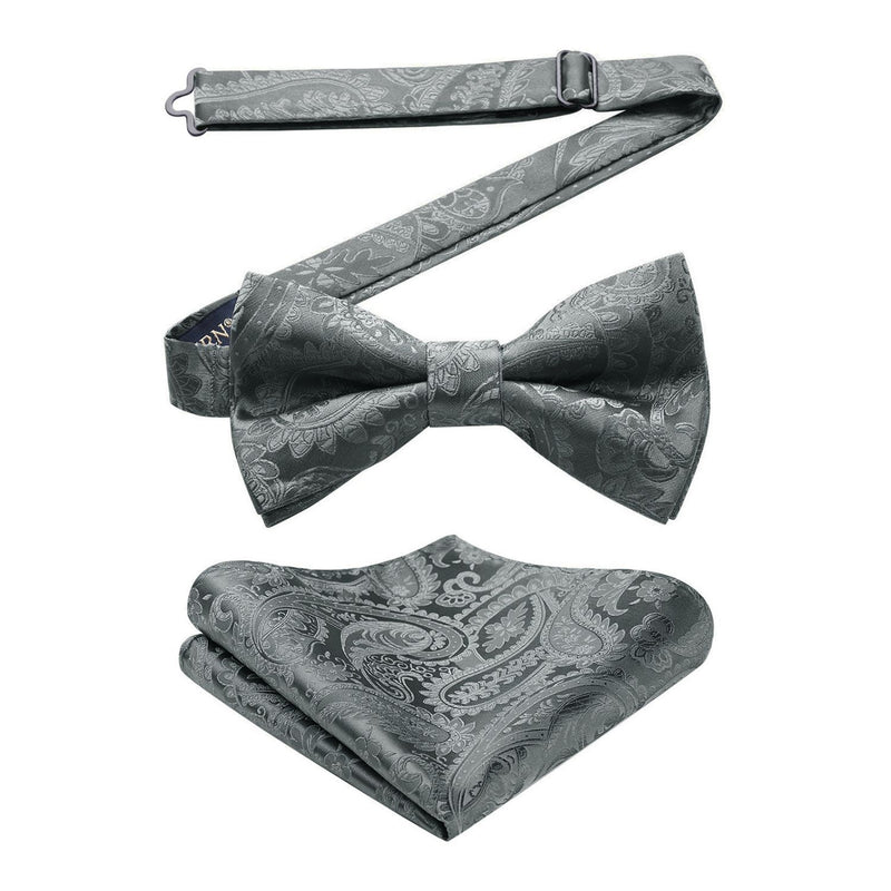 Paisley Pre-Tied Bow Tie & Pocket Square - GRAY-1