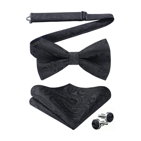 Paisley Pre-Tied Bow Tie Pocket Square Cufflinks - BLACK