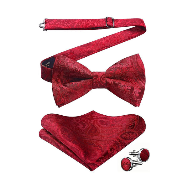 Paisley Pre-Tied Bow Tie Pocket Square Cufflinks - RED