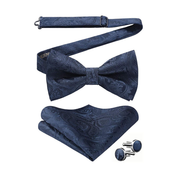 Paisley Pre-Tied Bow Tie Pocket Square Cufflinks - A01 - NAVY BLUE