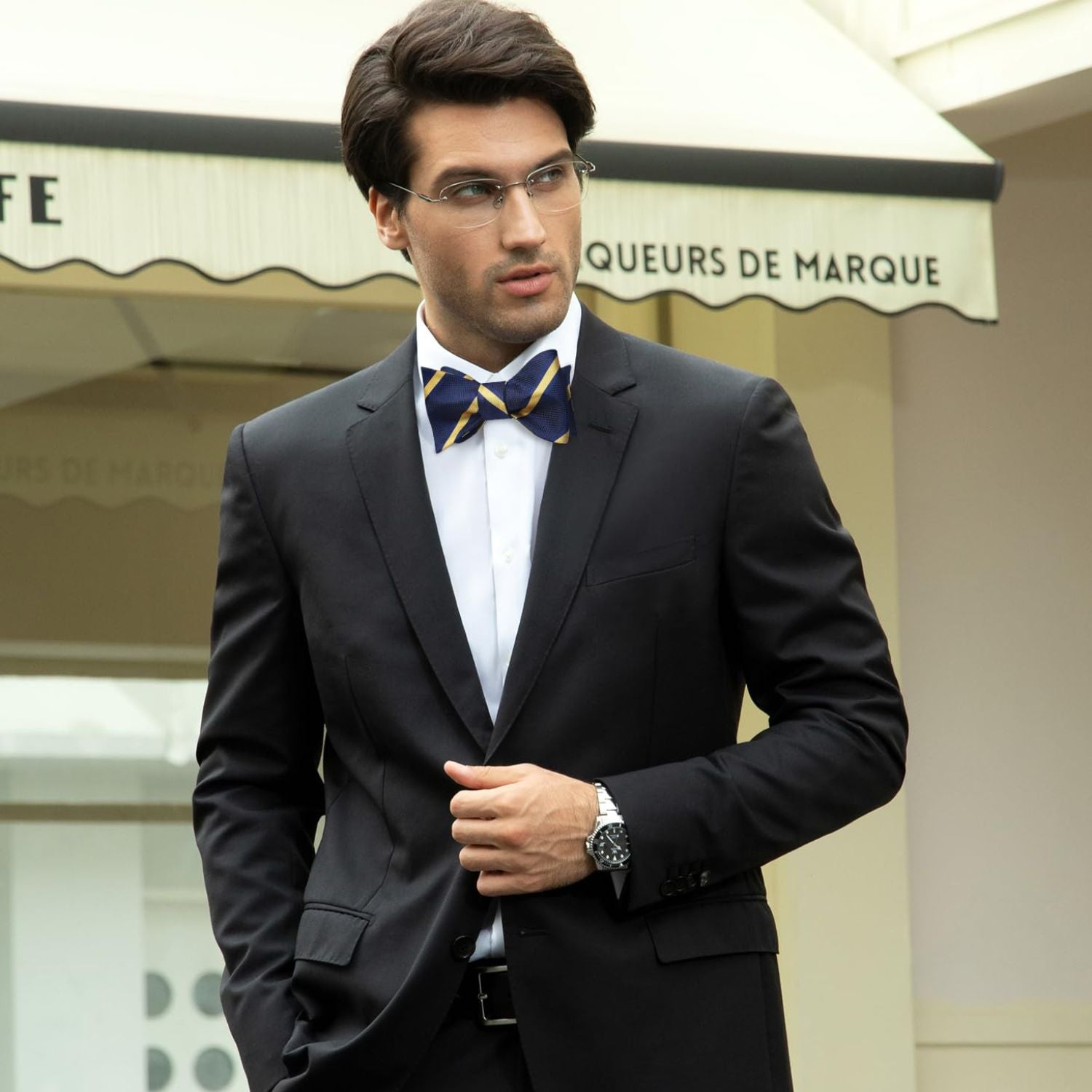 Stripe Bow Tie & Pocket Square - B-NAVY BLUE/YELLOW