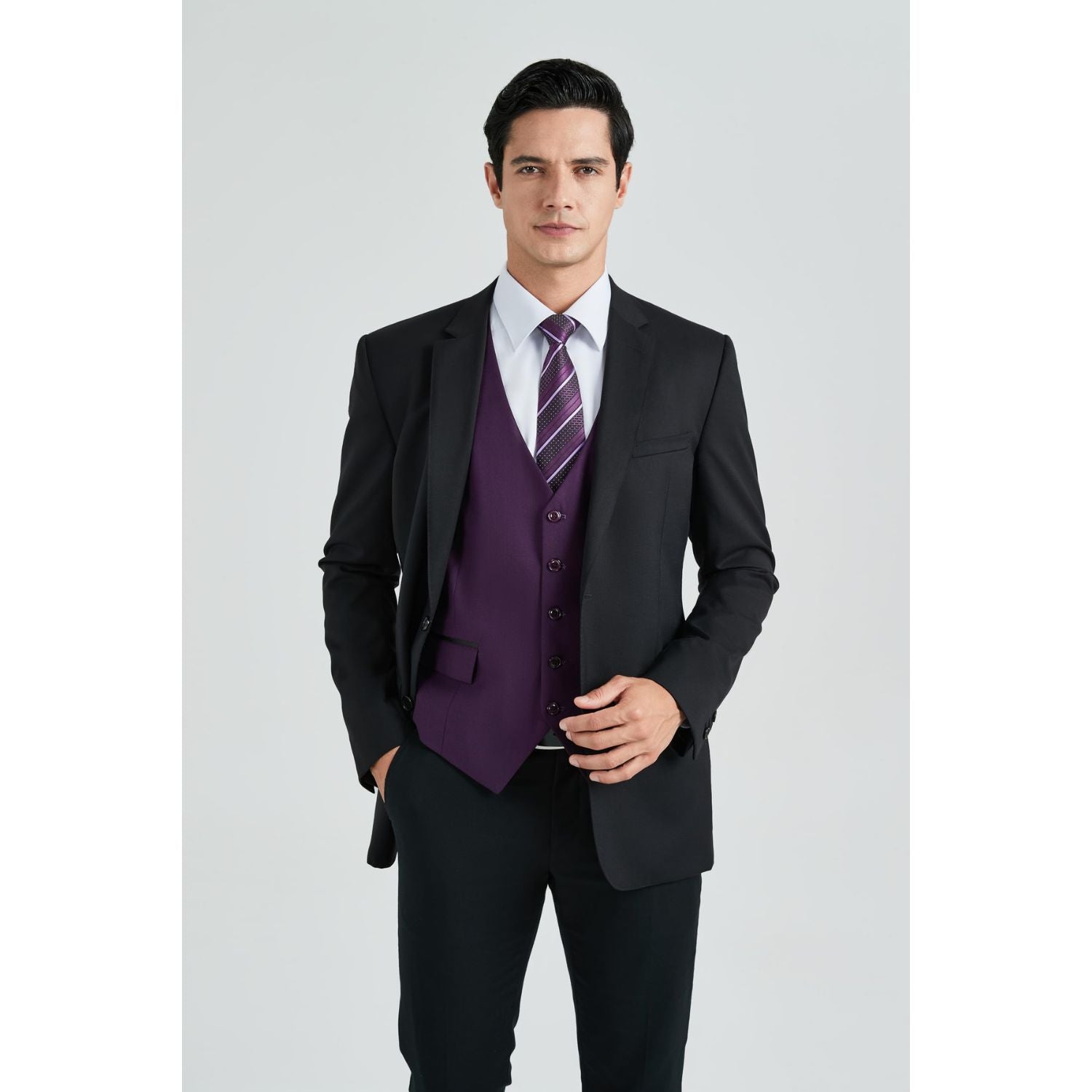 black vest purple tie