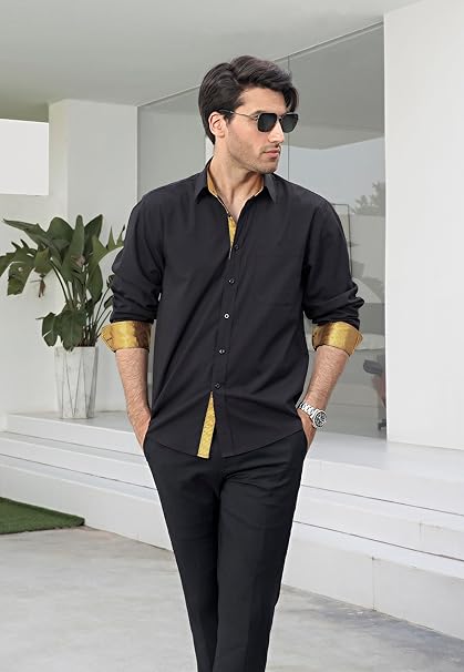 Men s Button Down Contrast Color Dress Shirt BLACK GOLD