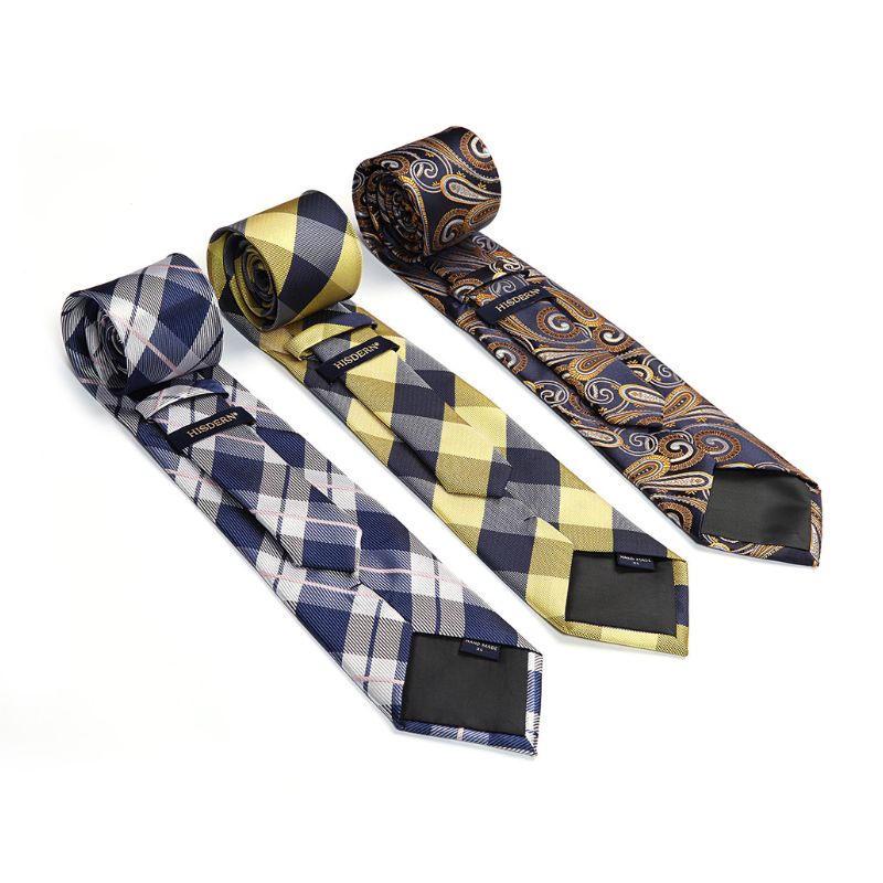 3PCS XL Tie & Pocket Square Set - B- YELLOW/BLUE