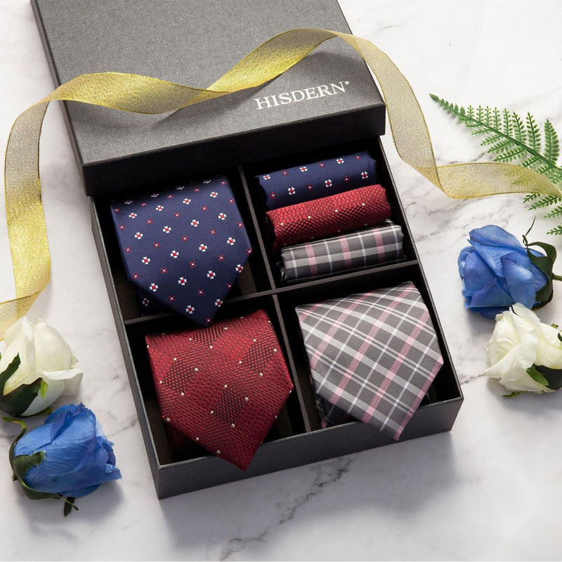 3-Piece Tie Set Red Navy Blue Wedding Accessory Gift Box Set