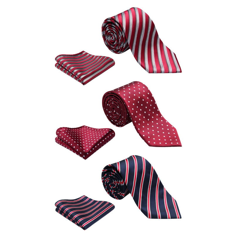 3PCS XL Tie & Pocket Square Set - A1-RED/BLUE/SILVER  Christmas Gifts for Men