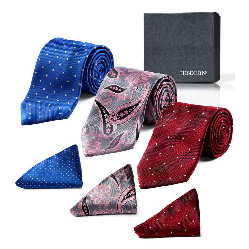 3PCS XL Tie & Pocket Square Set - B-BLUE/RED/PINK Christmas Gifts for Men