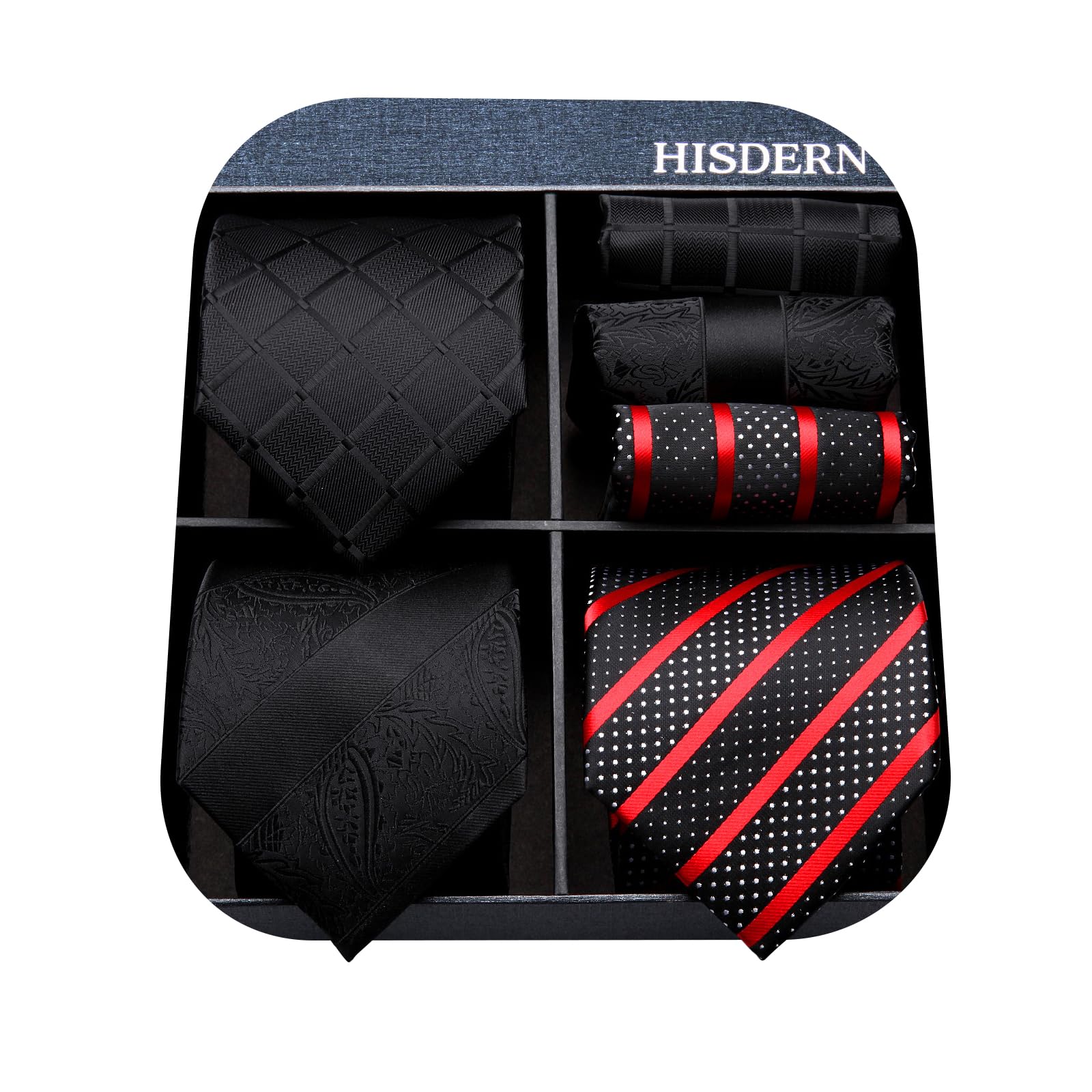 3PCS XL Tie & Pocket Square Set - B-BLACK/RED Christmas Gifts for Men