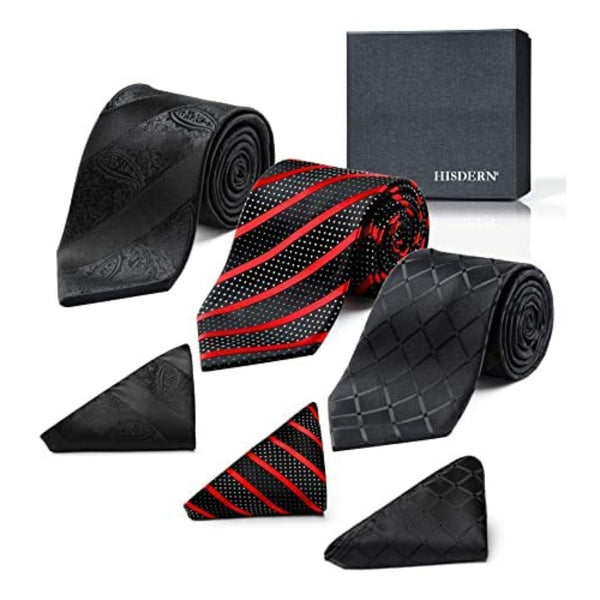 3PCS XL Tie & Pocket Square Set - B-BLACK/RED Christmas Gifts for Men