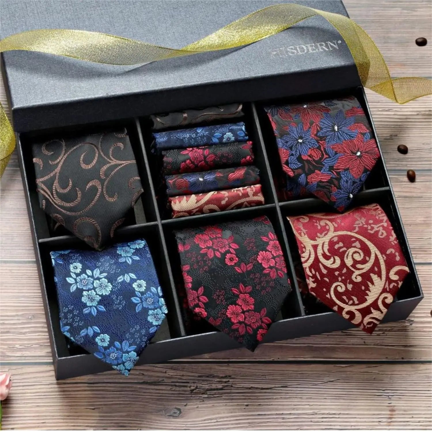 Hisdern 5-Piece Floral Accessory Set - Matching Tie & Pocket Square Gift Box