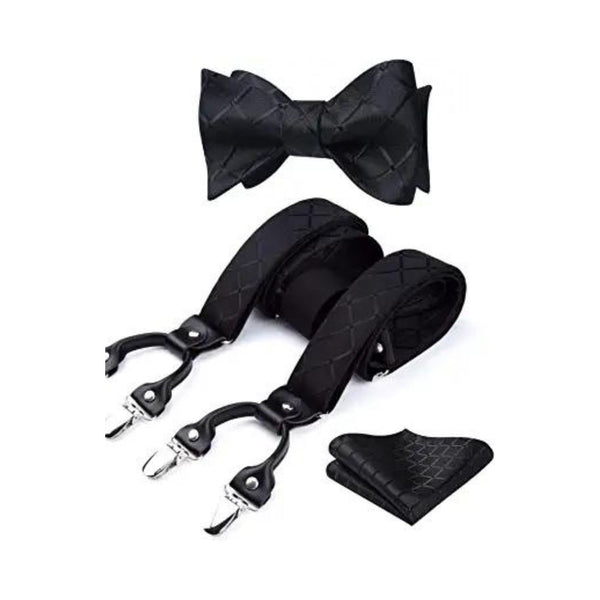 Plaid Suspender Bow Tie Handkerchief - BLACK-PLAID