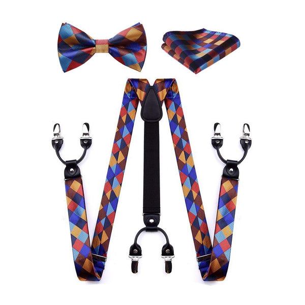 Plaid Suspender Bow Tie Handkerchief - COLORFUL
