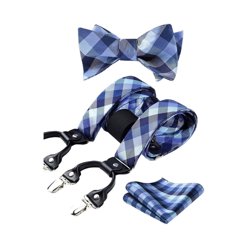 Plaid Suspender Bow Tie Handkerchief - 02 STEEL BLUE/GRAY
