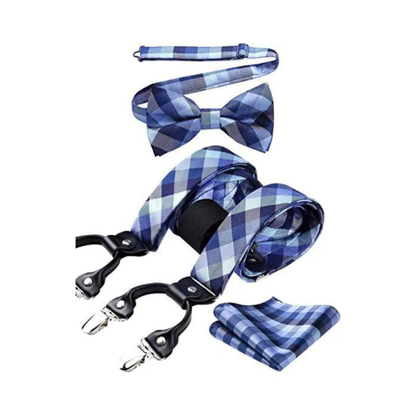Plaid Suspender Pre-Tied Bow Tie Handkerchief - B9-BLUE
