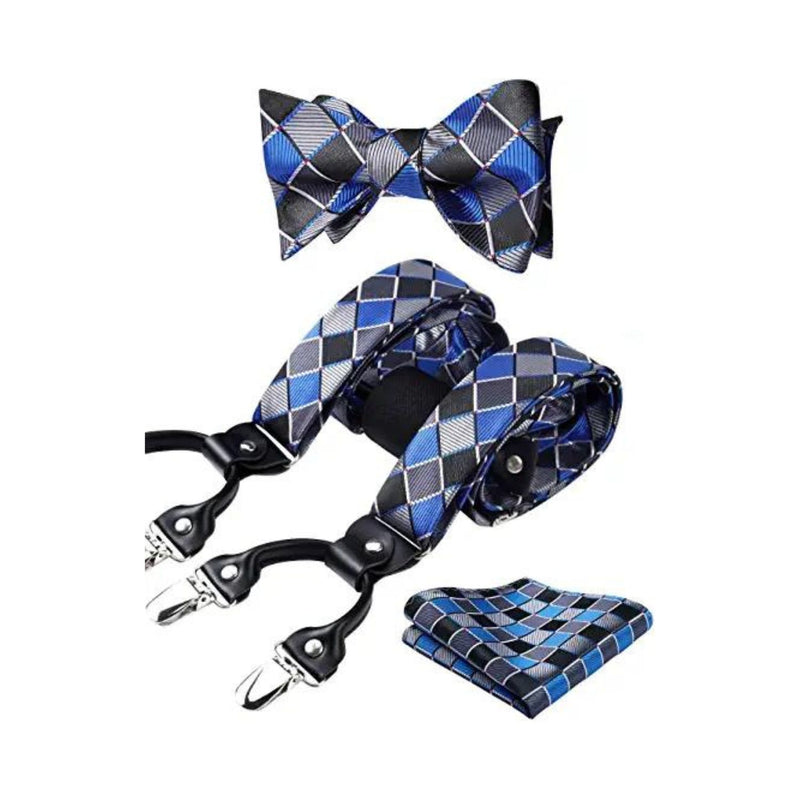 Plaid Suspender Bow Tie Handkerchief - BLUE/BLACK/SILVER