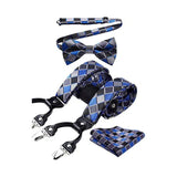 Plaid Suspender Pre-Tied Bow Tie Handkerchief - B8-ROYAL BLUE/GREY