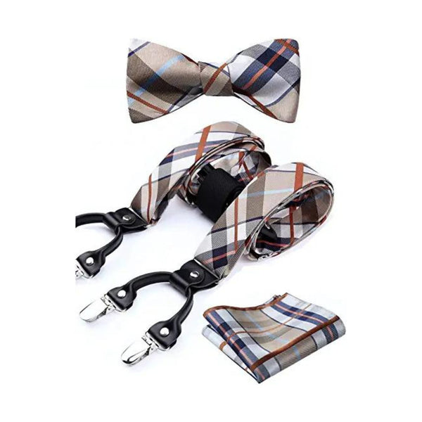Plaid Suspender Bow Tie Handkerchief - KHAKI/WHITE
