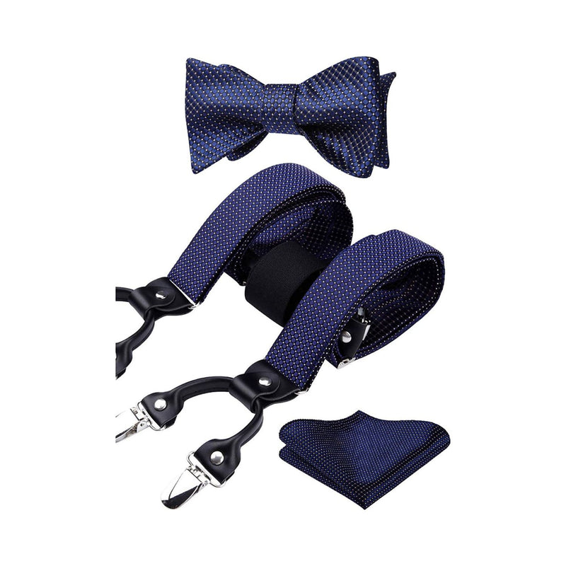 Plaid Suspender Pre-Tied Bow Tie Handkerchief - NAVY BLUE