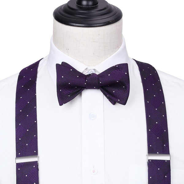 Plaid Dot Suspender Bow Tie Handkerchief - PURPLE