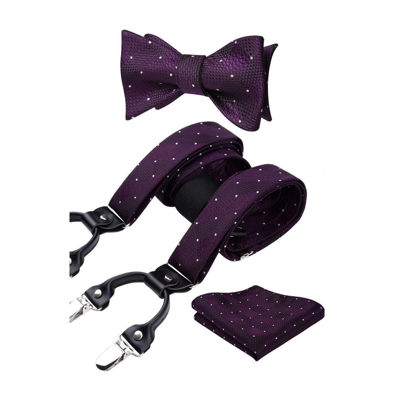 Plaid Dot Suspender Bow Tie Handkerchief - PURPLE