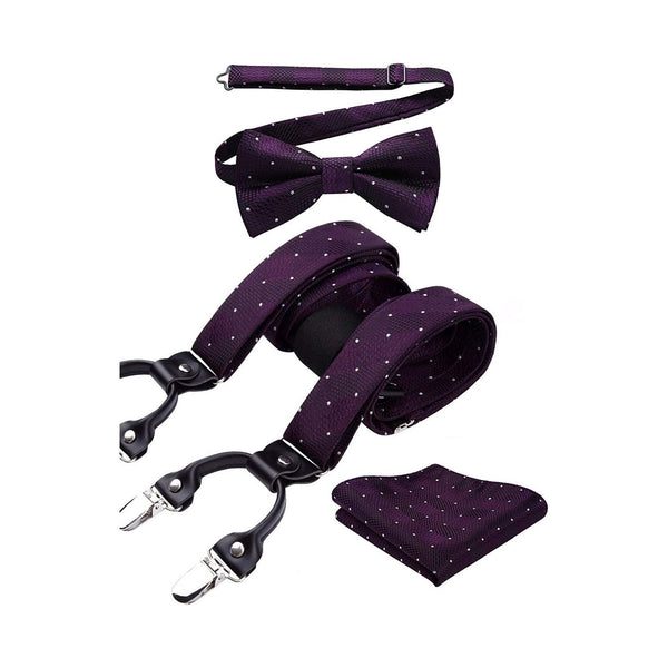Plaid Dot Suspender Pre-Tied Bow Tie Handkerchief - 1-BLACK