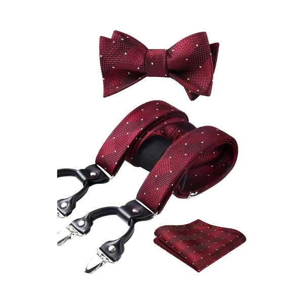 Plaid Suspender Bow Tie Handkerchief - 01 RED/BURGUNDY