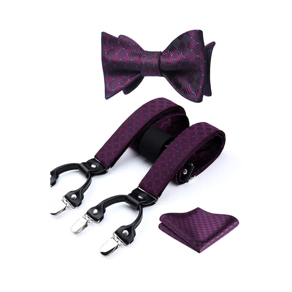Plaid Suspender Bow Tie Handkerchief - C7-PURPLE