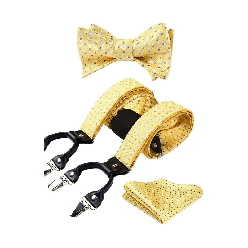 Plaid Suspender Bow Tie Handkerchief - YELLOW/PURPLE DOT