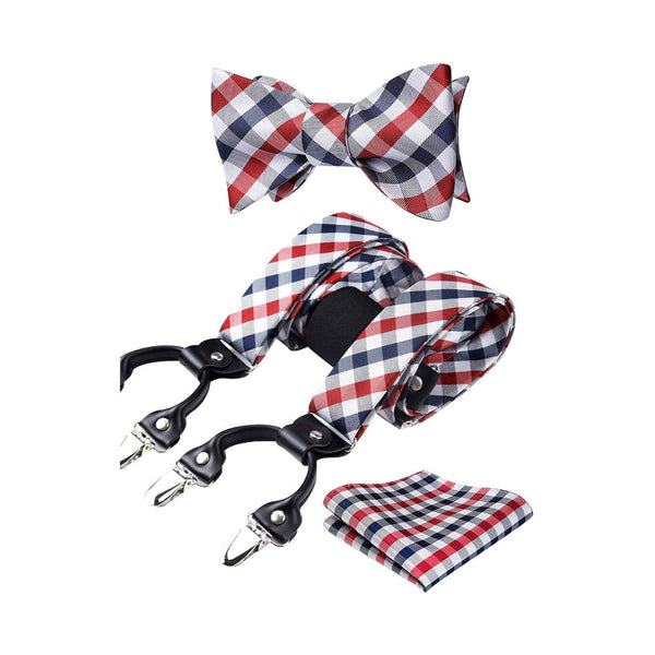 Plaid Suspender Bow Tie Handkerchief - RED/WHITE/BLUE