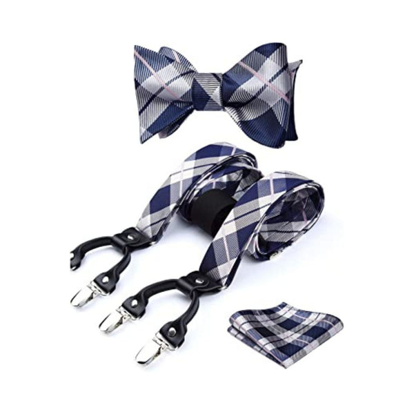 Plaid Suspender Bow Tie Handkerchief - BLUE/WHITE
