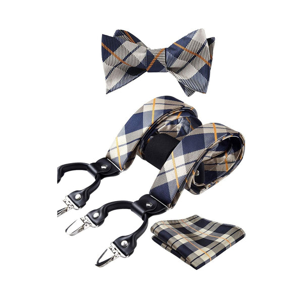 Plaid Suspender Bow Tie Handkerchief - BLUE/BEIGE
