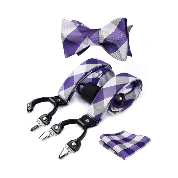 Plaid Suspender Bow Tie Handkerchief - PURPLE/WHITE