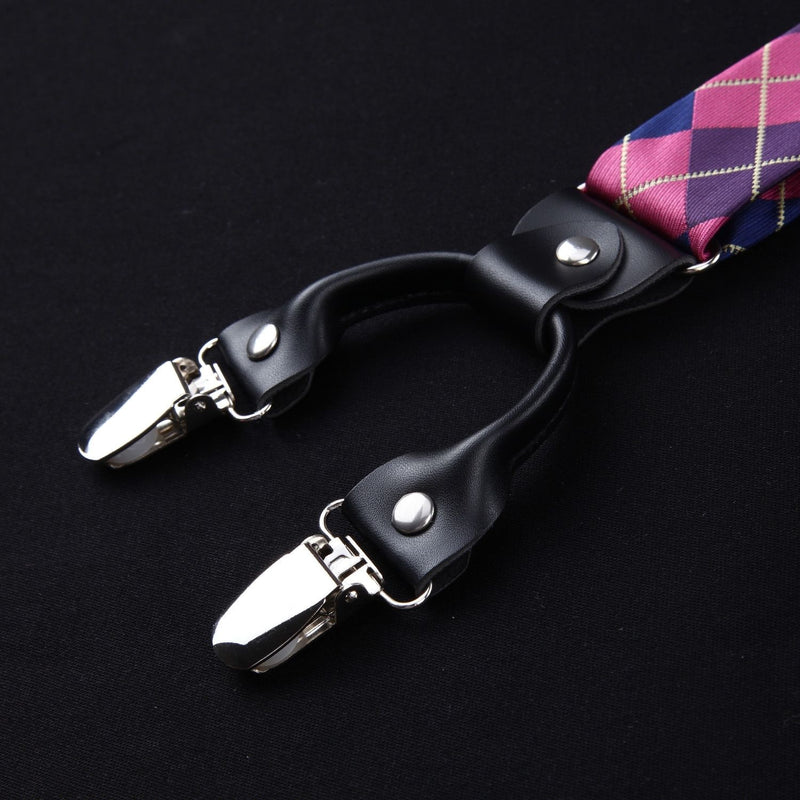 Plaid Suspender Pre-Tied Bow Tie Handkerchief - HOT PINK/BLUE