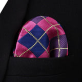 Plaid Suspender Pre-Tied Bow Tie Handkerchief - HOT PINK/BLUE