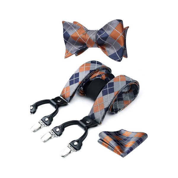 Plaid Suspender Bow Tie Handkerchief - ORANGE/SILVER