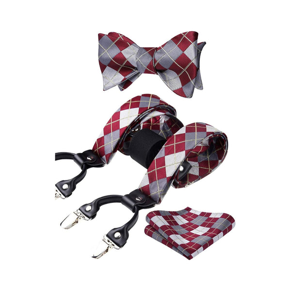 Plaid Suspender Bow Tie Handkerchief - BURGUNDY/GRAY
