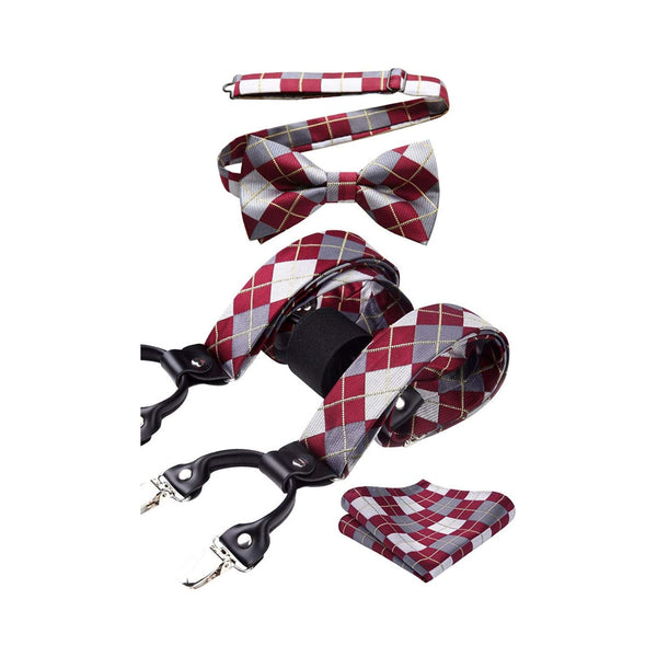Plaid Suspender Pre-Tied Bow Tie Handkerchief - B11-RED