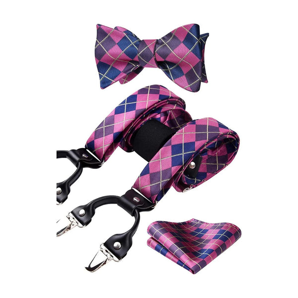 Plaid Suspender Bow Tie Handkerchief - HOT PINK/BLUE