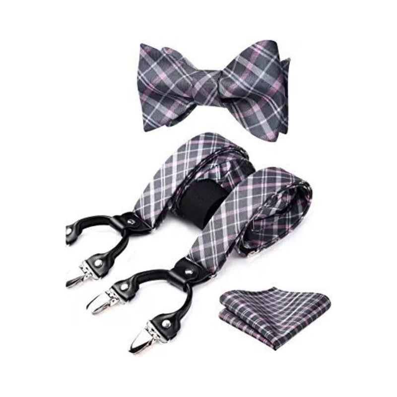 Plaid Suspender Bow Tie Handkerchief - PINK/GRAY