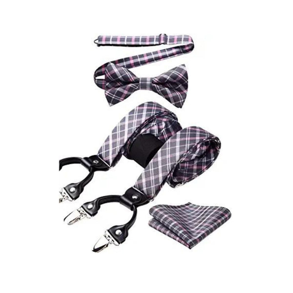 Plaid Suspender Pre-Tied Bow Tie Handkerchief - B6-GREY/PINK