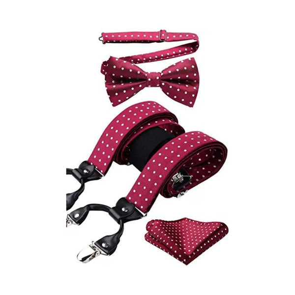 Polka Dot Suspender Pre-Tied Bow Tie Handkerchief - C5-RED
