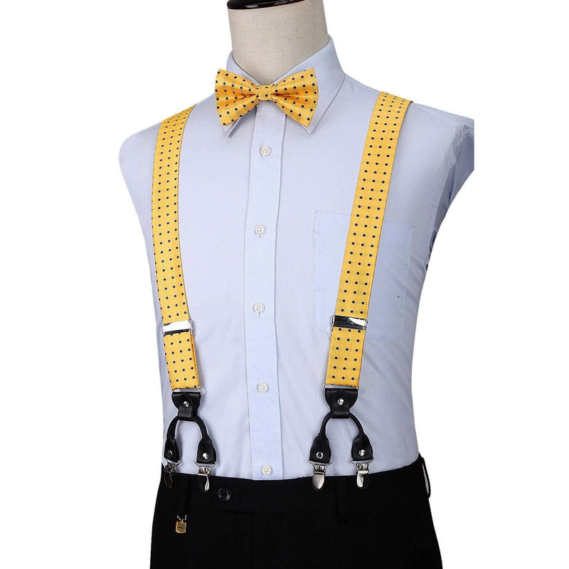 Plaid Suspender Pre-Tied Bow Tie Handkerchief - C3-YELLOW