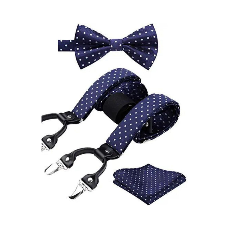 Polka Dot Suspender Pre-Tied Bow Tie Handkerchief - C9-NAVY BLUE