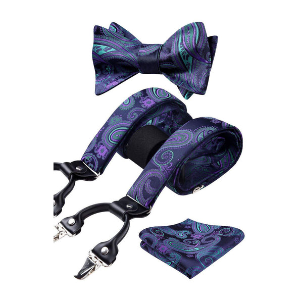 Floral Paisley Suspender Bow Tie Handkerchief - 9-BLUE/PURPLE/GREEN