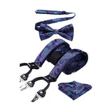 Paisley Floral Suspender Pre-Tied Bow Tie Handkerchief - D1-BLUE/PURPLE/GREEN
