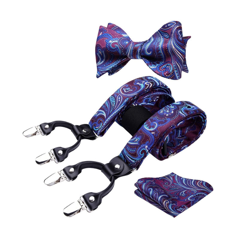 Floral Paisley Suspender Bow Tie Handkerchief - 9-BLUE/PURPLE/WHITE
